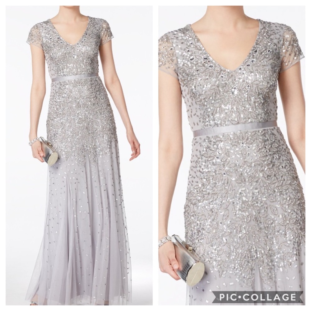 Adriana Papell Silver Beaded Gown Sz 8